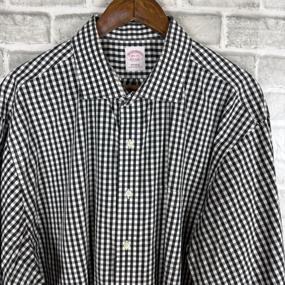 Brooks Brothers Mens 18.5 35 Regular Fit Black Gingham Check Cotton Dress Shirt